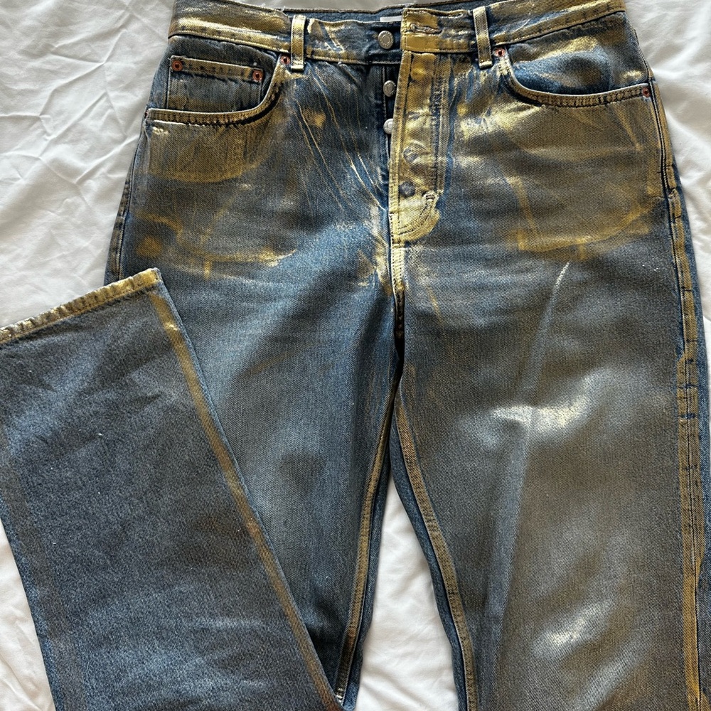 Topshop Blue and Gold Straight Leg Jeans